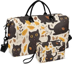 Black Cat Autumn Leaves Travel Duffel Bag with Toiletry Bag Weekender Bag for Carry on Sports Gym Bag for Travel Gym Yoga
