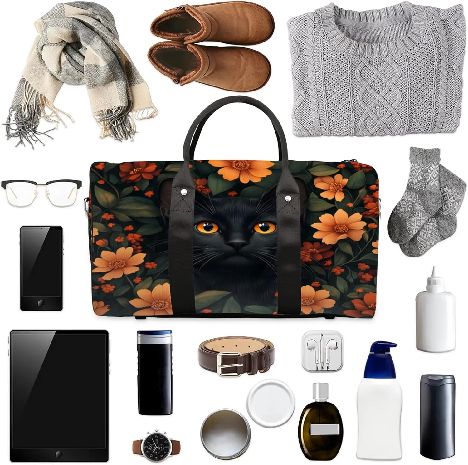 Black Cat Duffle Bag for Travel, Overnight Weekend Gym Carry On Luggage Bag, Cute Cat Travel Duffel Bag for Men Women