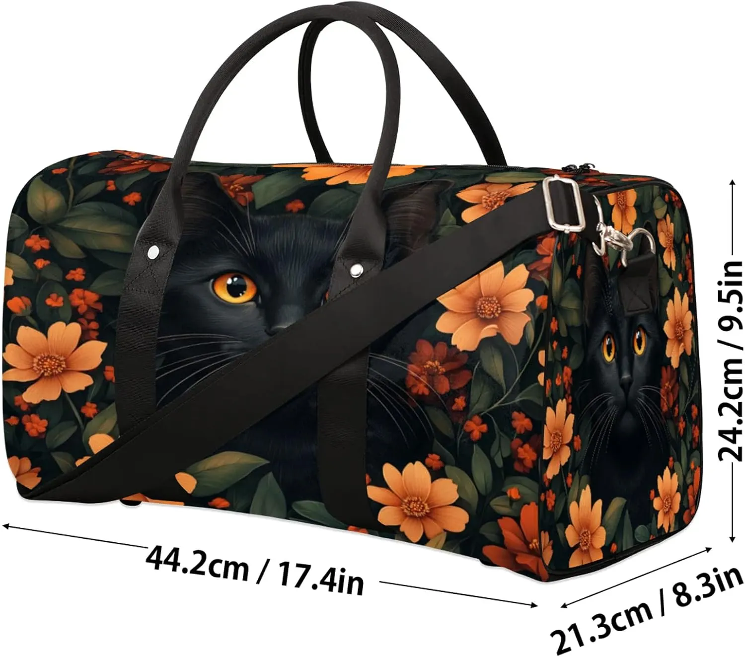 Black Cat Duffle Bag for Travel, Overnight Weekend Gym Carry On Luggage Bag, Cute Cat Travel Duffel Bag for Men Women