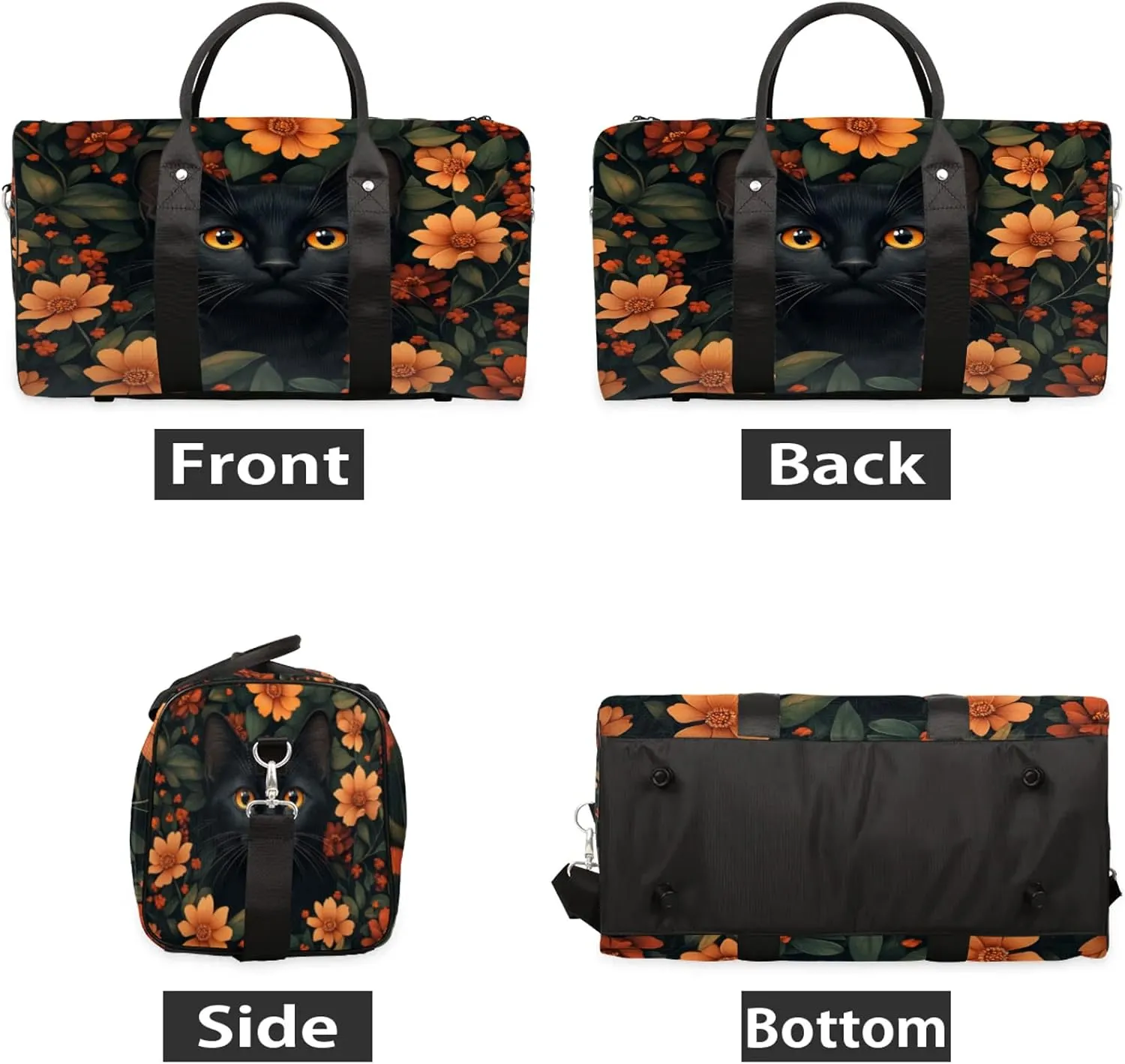 Black Cat Duffle Bag for Travel, Overnight Weekend Gym Carry On Luggage Bag, Cute Cat Travel Duffel Bag for Men Women