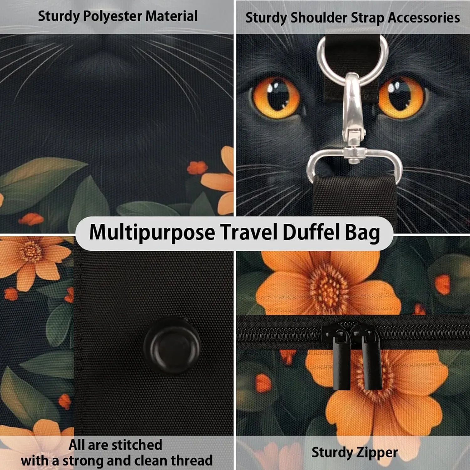 Black Cat Duffle Bag for Travel, Overnight Weekend Gym Carry On Luggage Bag, Cute Cat Travel Duffel Bag for Men Women