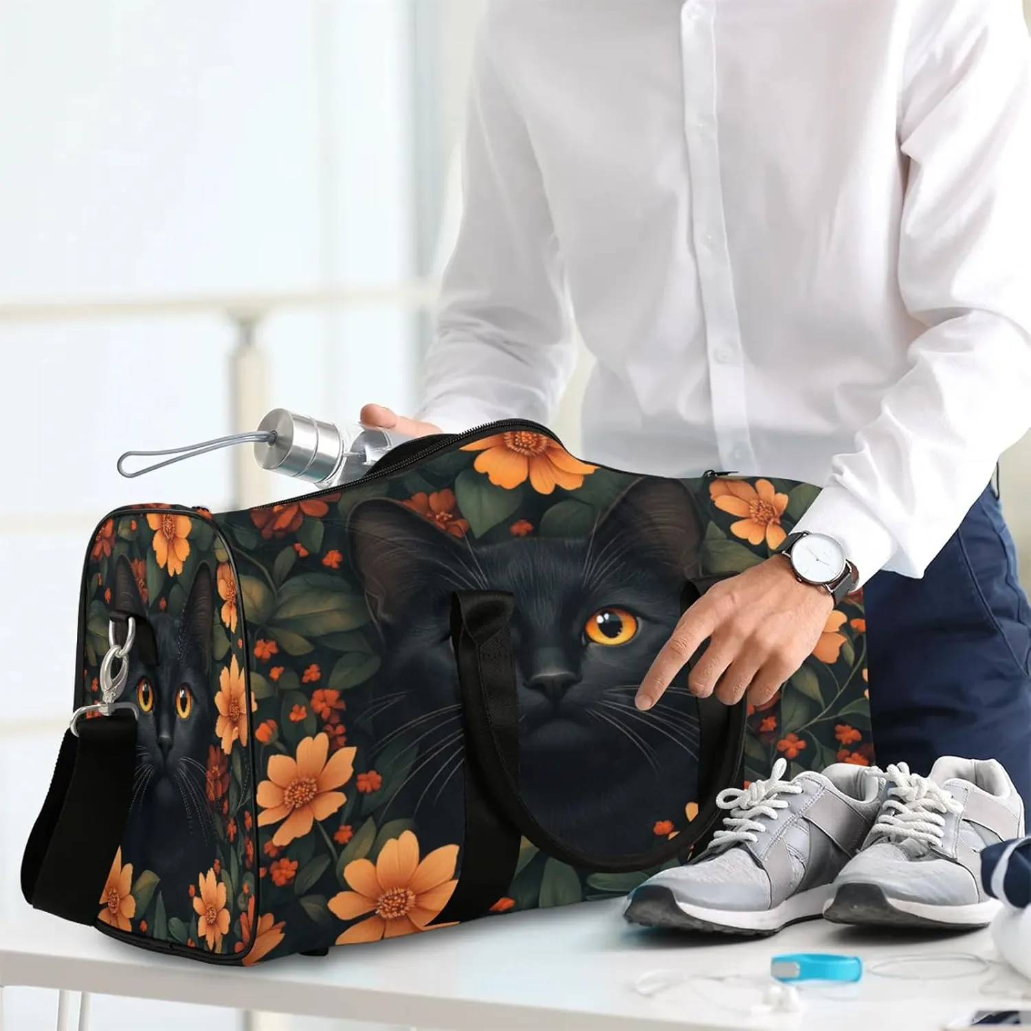 Black Cat Duffle Bag for Travel, Overnight Weekend Gym Carry On Luggage Bag, Cute Cat Travel Duffel Bag for Men Women