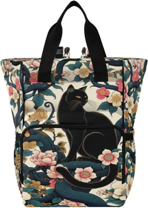Black Cat Flower Tattoo Diaper Bag Backpack, Unisex Travel Baby Backpack Diaper Bags with Stroller Straps & Pacifier Case, Large Capacity Waterproof Diaper Backpack