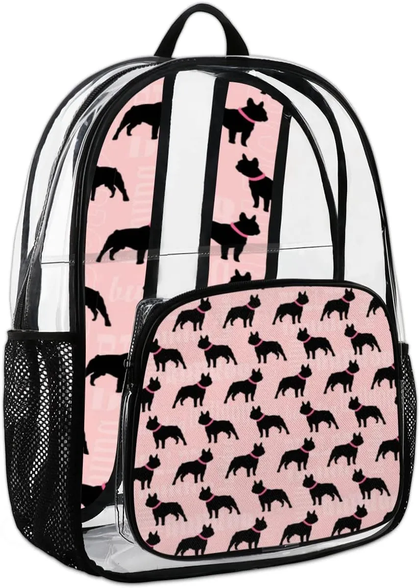 Black Dog Bulldog Clear Backpack Stadium Approved Heavy Duty PVC Transparent Backpacks Large Laptop Backpack for Work Travel Sports Events Concerts