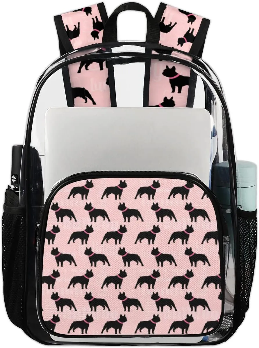 Black Dog Bulldog Clear Backpack Stadium Approved Heavy Duty PVC Transparent Backpacks Large Laptop Backpack for Work Travel Sports Events Concerts