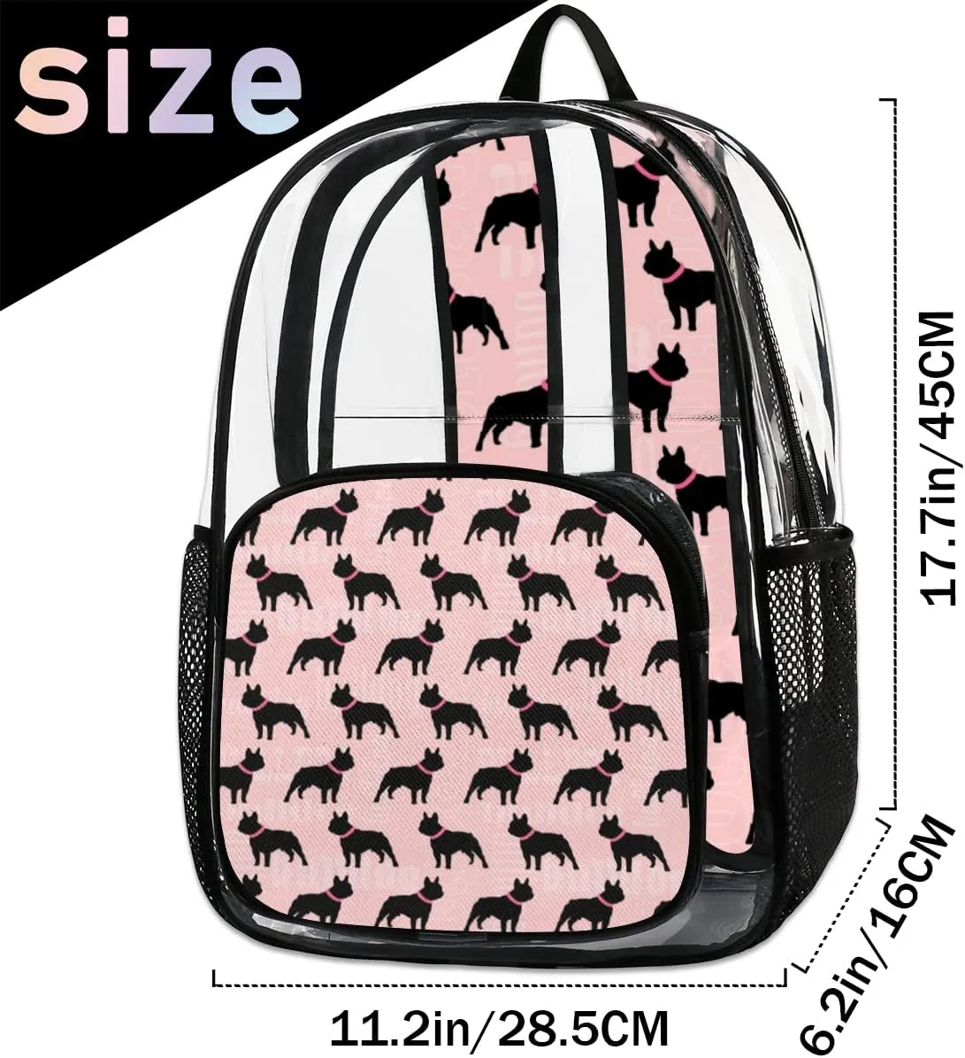 Black Dog Bulldog Clear Backpack Stadium Approved Heavy Duty PVC Transparent Backpacks Large Laptop Backpack for Work Travel Sports Events Concerts