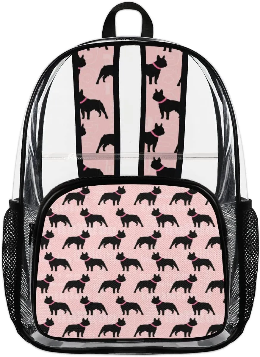 Black Dog Bulldog Clear Backpack Stadium Approved Heavy Duty PVC Transparent Backpacks Large Laptop Backpack for Work Travel Sports Events Concerts
