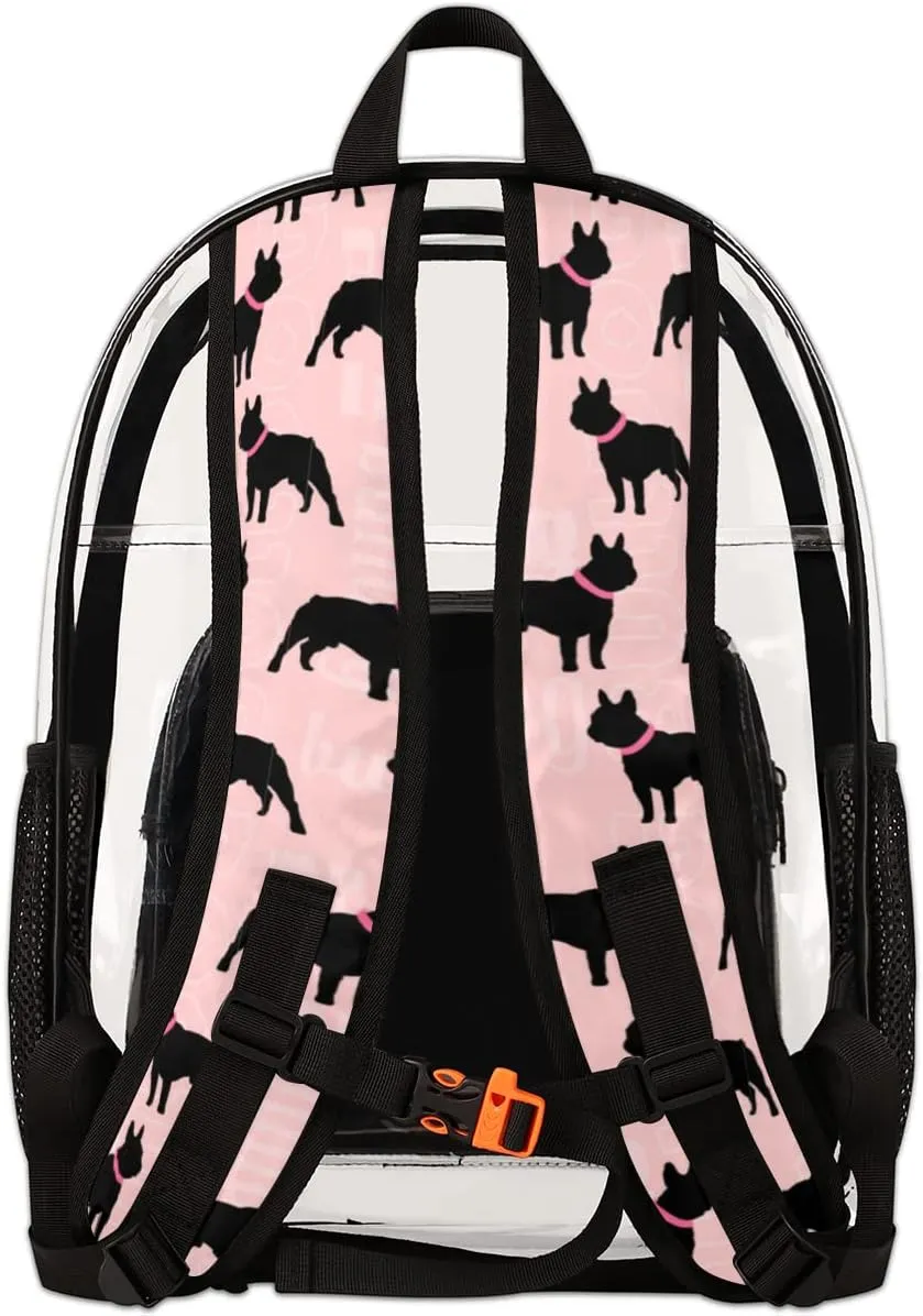 Black Dog Bulldog Clear Backpack Stadium Approved Heavy Duty PVC Transparent Backpacks Large Laptop Backpack for Work Travel Sports Events Concerts