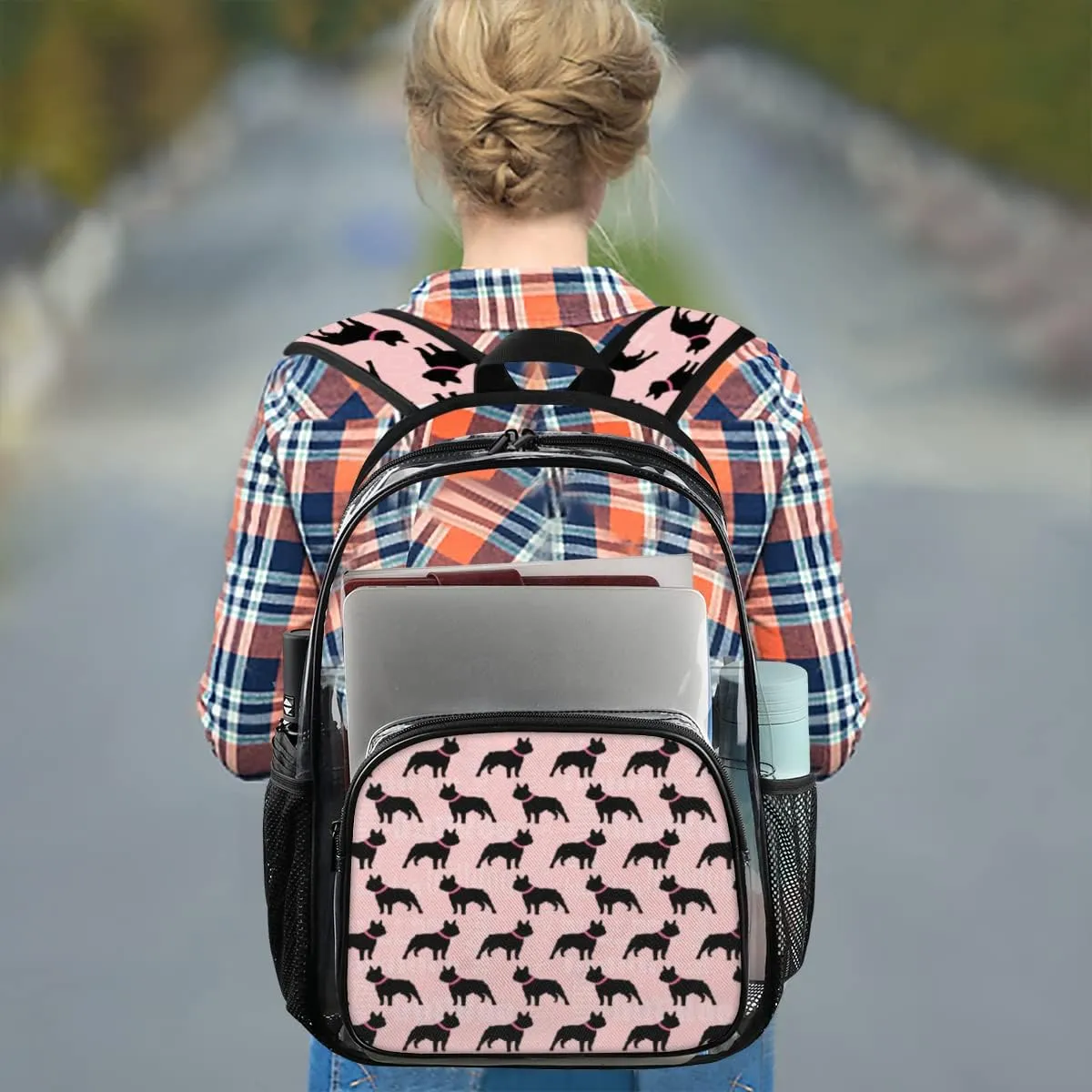 Black Dog Bulldog Clear Backpack Stadium Approved Heavy Duty PVC Transparent Backpacks Large Laptop Backpack for Work Travel Sports Events Concerts