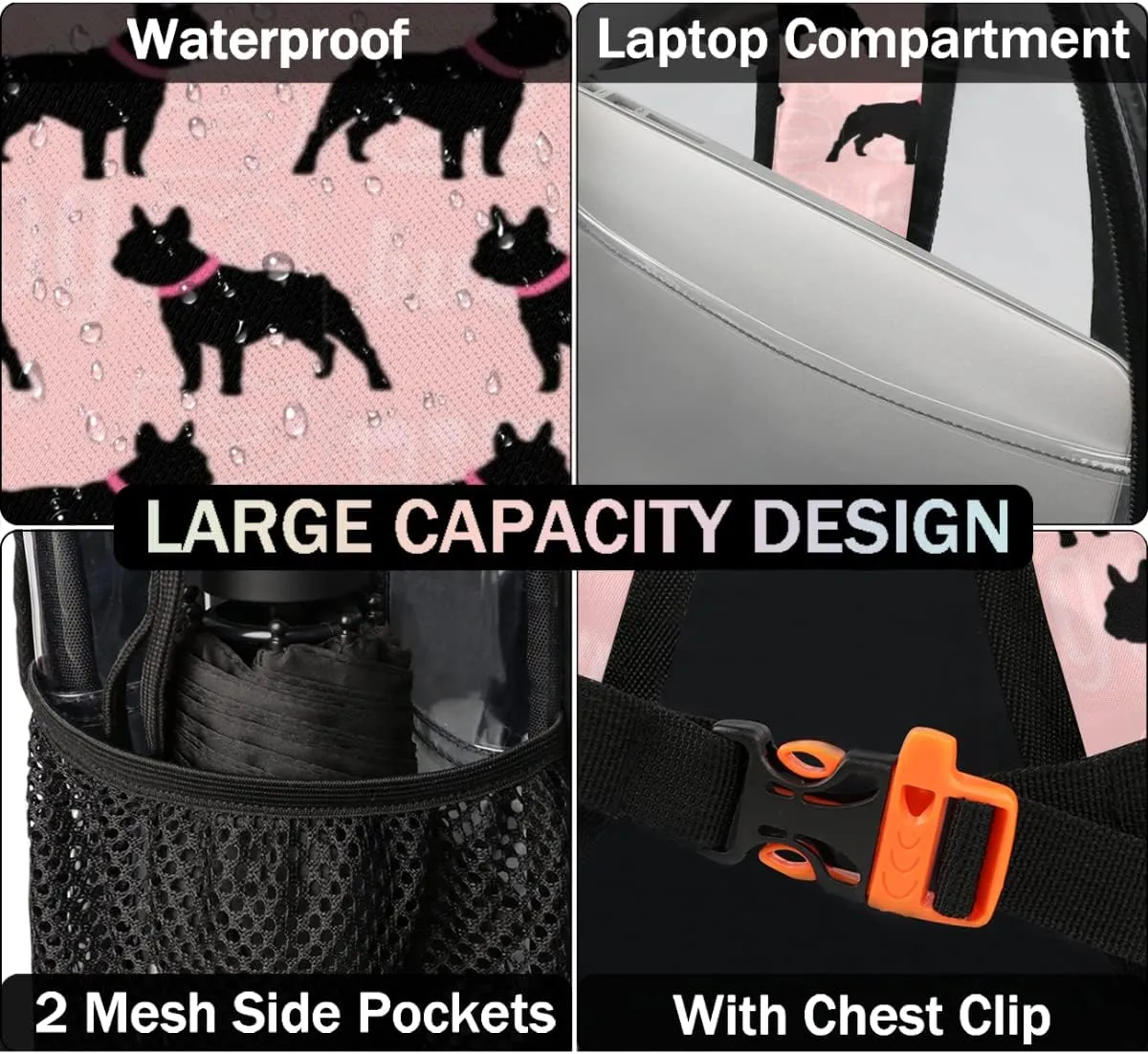 Black Dog Bulldog Clear Backpack Stadium Approved Heavy Duty PVC Transparent Backpacks Large Laptop Backpack for Work Travel Sports Events Concerts