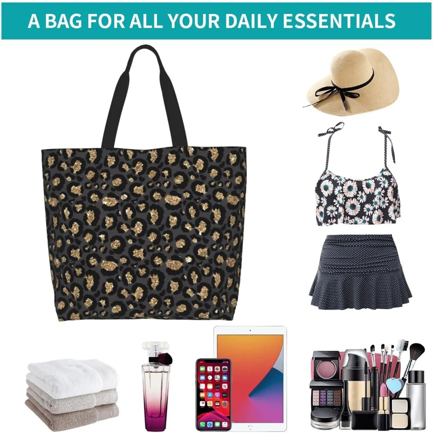 Black Leopard Print Women's Tote Bag Large Capacity Single Shoulder Bags Handbag for Shopping Work