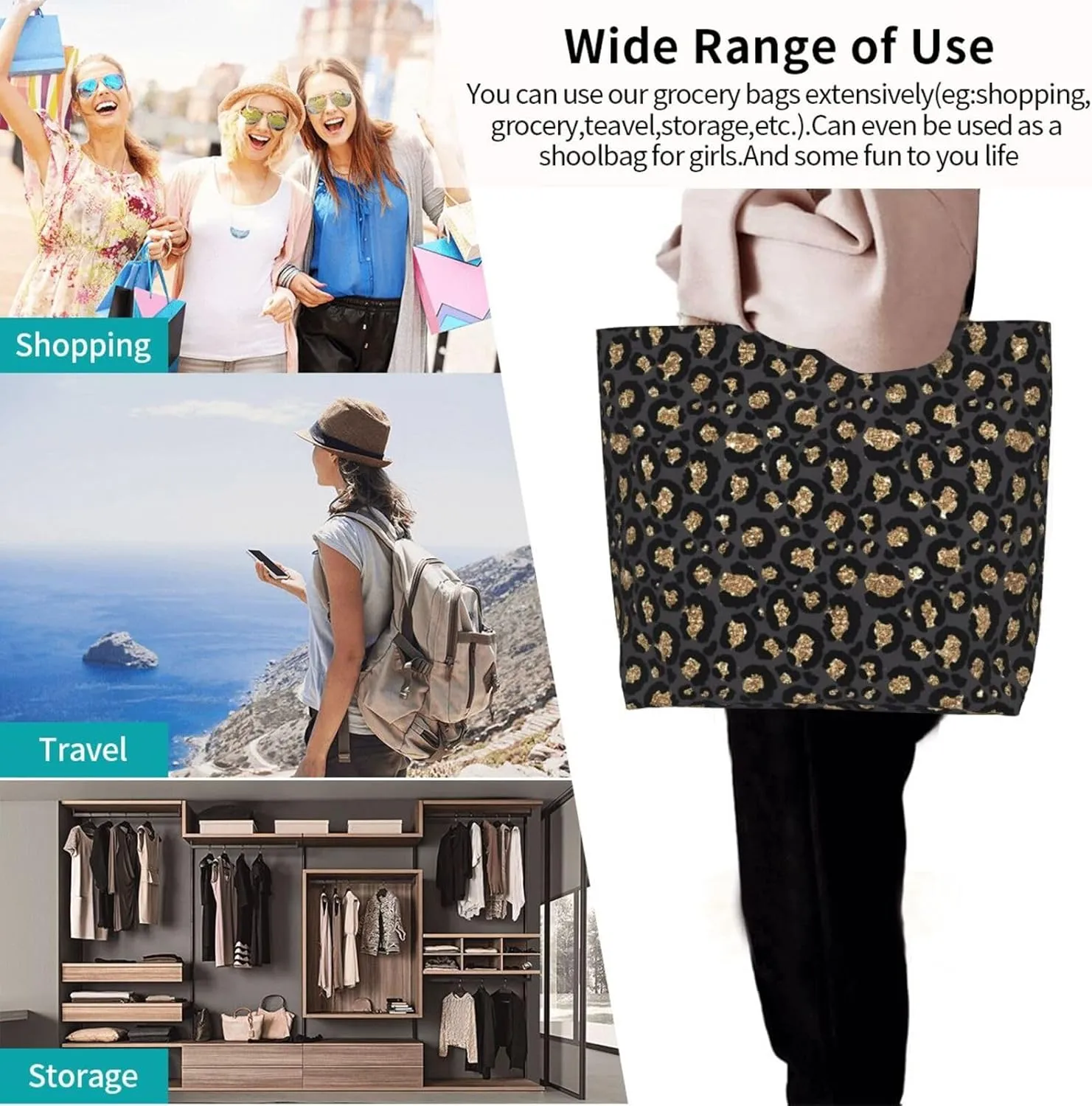 Black Leopard Print Women's Tote Bag Large Capacity Single Shoulder Bags Handbag for Shopping Work