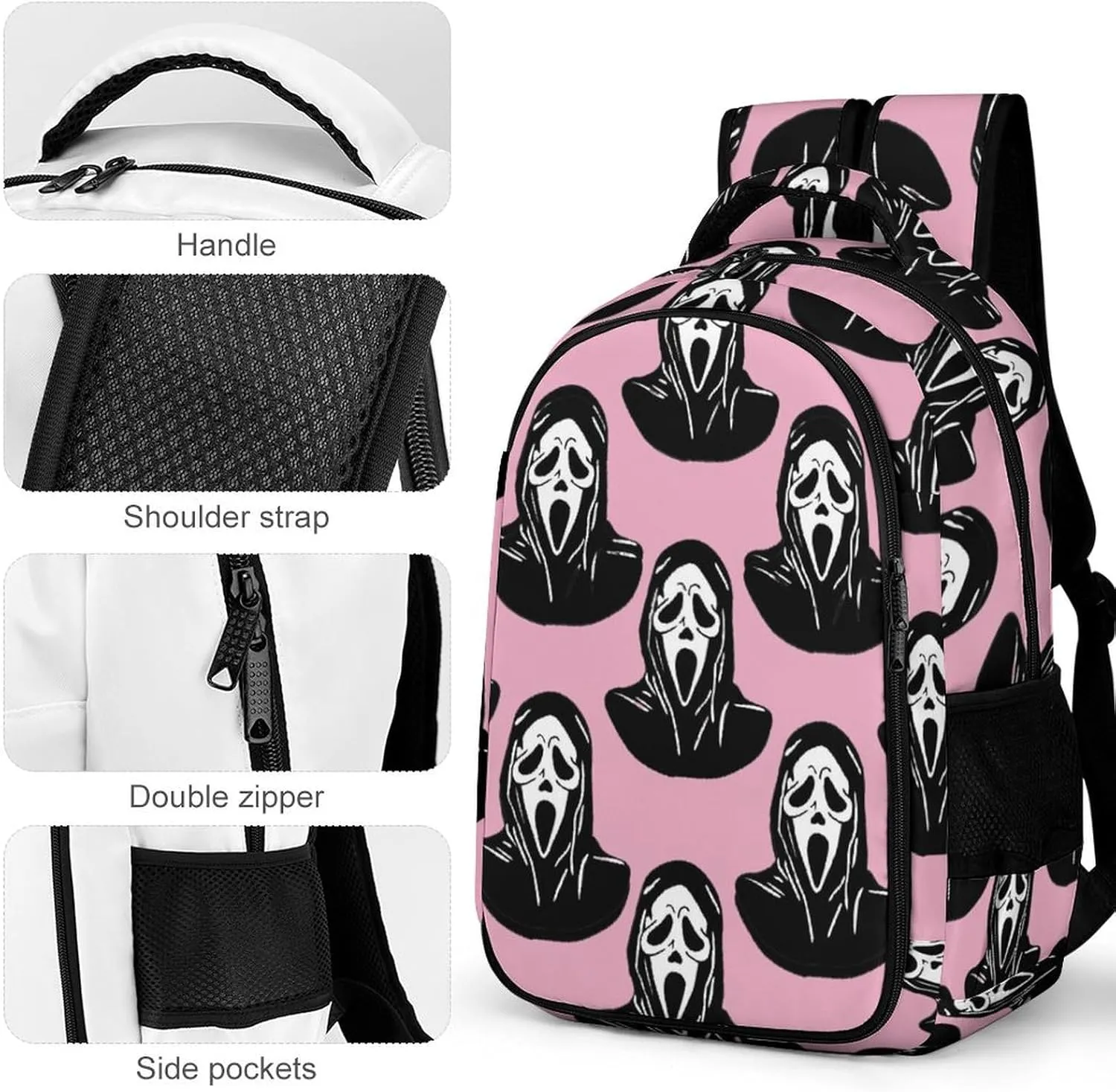 Black Mask Scream Pink Backpack Funny Ghost DevilTravel Casual Laptop Bag Daypack for Men Women Outdoor Hiking Business Work Back Packs
