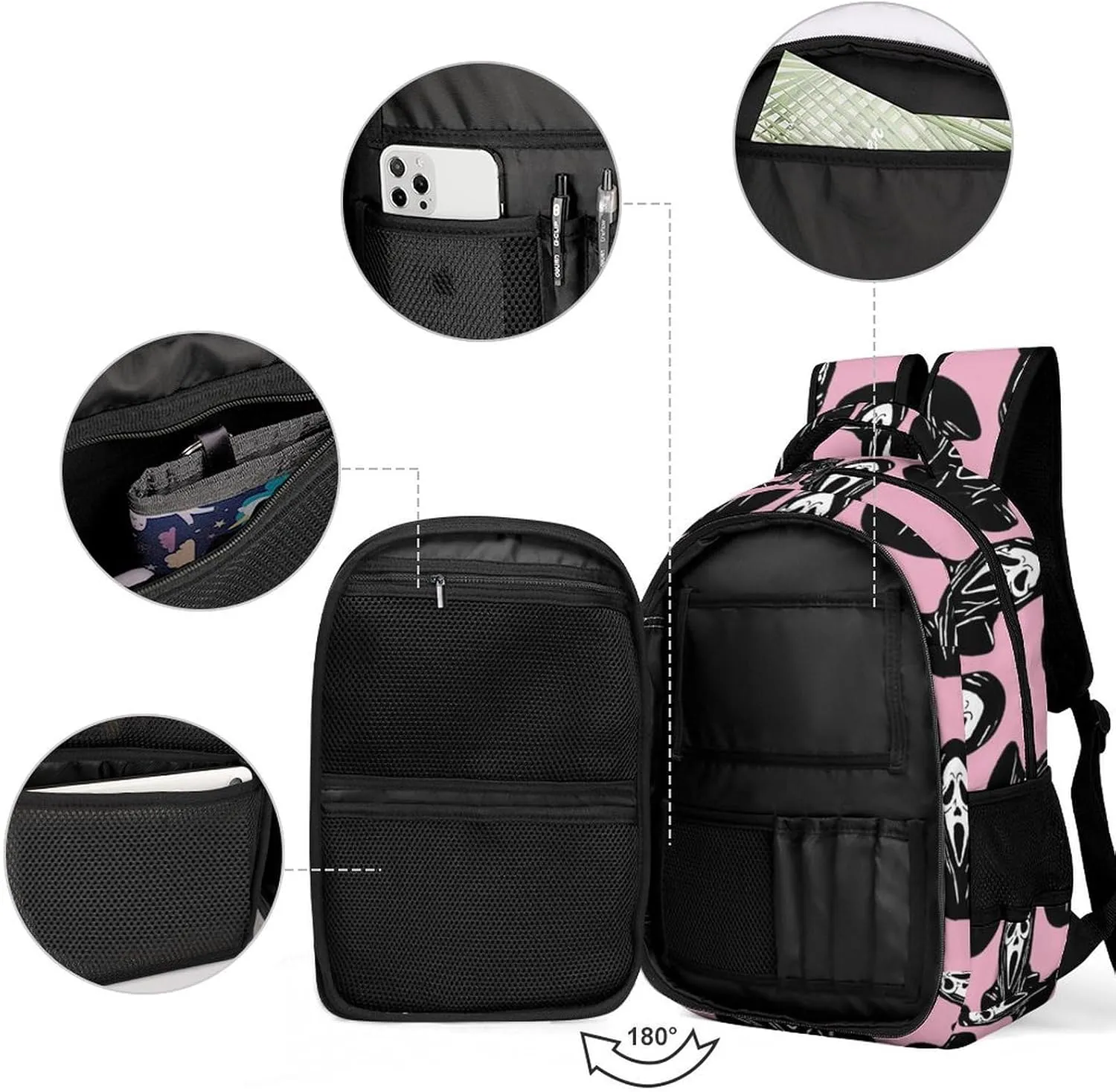 Black Mask Scream Pink Backpack Funny Ghost DevilTravel Casual Laptop Bag Daypack for Men Women Outdoor Hiking Business Work Back Packs