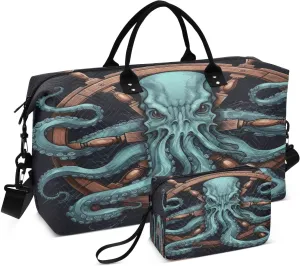 Black Octopus Travel Duffel Bag with Toiletry Bag Weekender Bag for Carry on Sports Gym Bag for Sports Yoga Gym