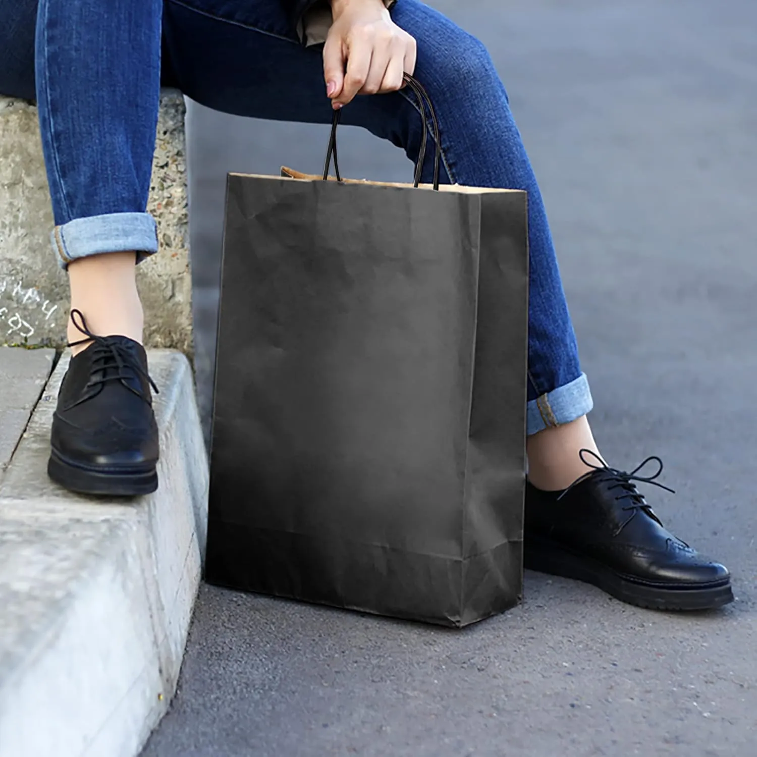 Black Paper Bags with Handles Bulks 8 X 4.5 X 10.5 [100 Bags]. Ideal for Shopping, Packaging, Retail, Party, Craft, Gifts, Wedding, Recycled, Business, Goody and Merchandise Kraft Bag