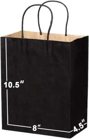 Black Paper Bags with Handles Bulks 8 X 4.5 X 10.5 [100 Bags]. Ideal for Shopping, Packaging, Retail, Party, Craft, Gifts, Wedding, Recycled, Business, Goody and Merchandise Kraft Bag