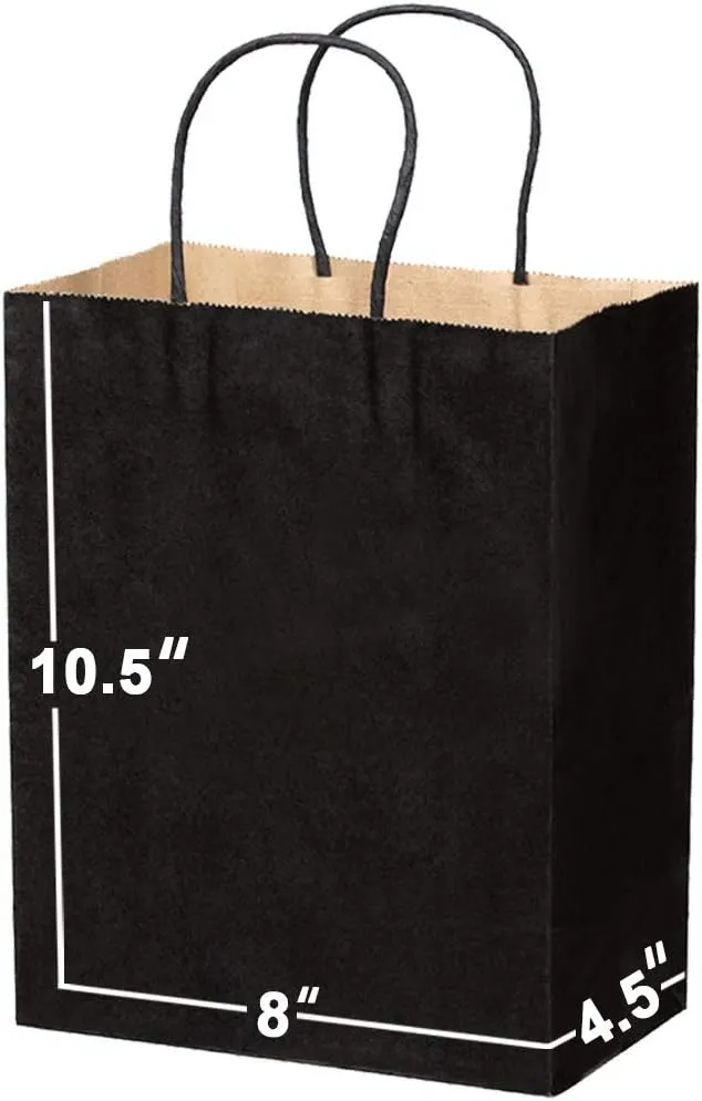 Black Paper Bags with Handles Bulks 8 X 4.5 X 10.5 [100 Bags]. Ideal for Shopping, Packaging, Retail, Party, Craft, Gifts, Wedding, Recycled, Business, Goody and Merchandise Kraft Bag