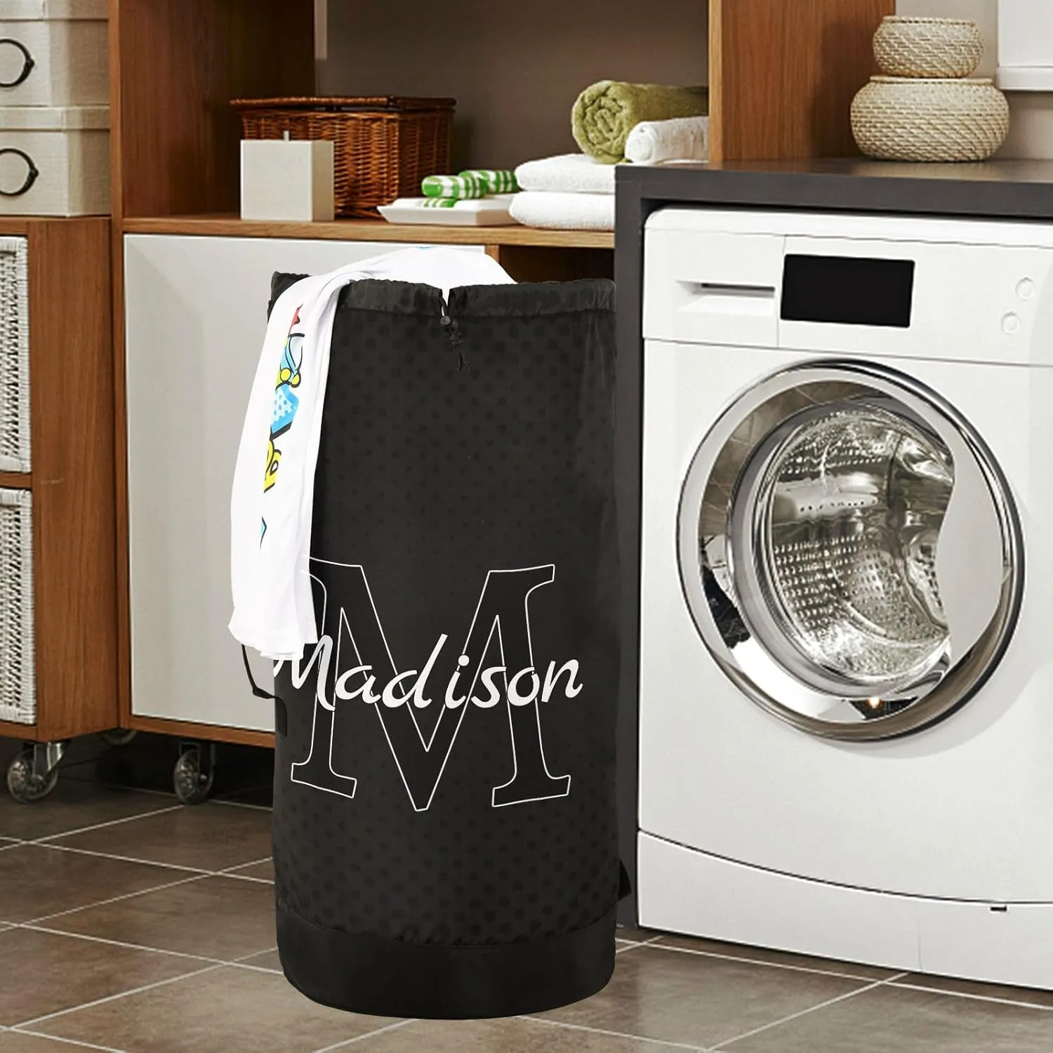 Black Personalized Nylon Travel Laundry Bag for Luggage Custom Dirty Clothes Organizer with Drawstring Closure & Shoulder Straps Clothes Hamper Bag for College Dorm Factories Apartment