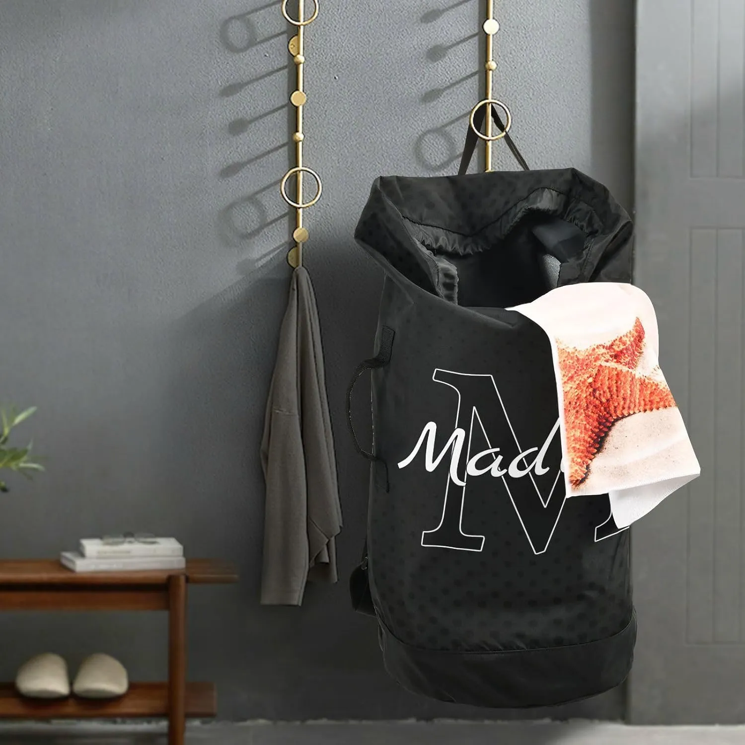 Black Personalized Nylon Travel Laundry Bag for Luggage Custom Dirty Clothes Organizer with Drawstring Closure & Shoulder Straps Clothes Hamper Bag for College Dorm Factories Apartment