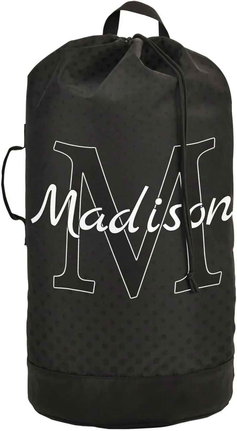 Black Personalized Nylon Travel Laundry Bag for Luggage Custom Dirty Clothes Organizer with Drawstring Closure & Shoulder Straps Clothes Hamper Bag for College Dorm Factories Apartment