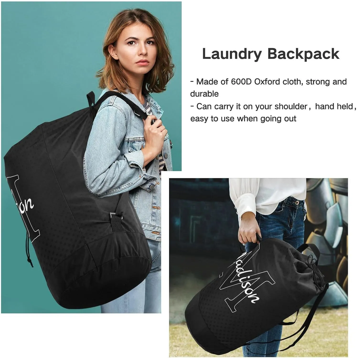 Black Personalized Nylon Travel Laundry Bag for Luggage Custom Dirty Clothes Organizer with Drawstring Closure & Shoulder Straps Clothes Hamper Bag for College Dorm Factories Apartment