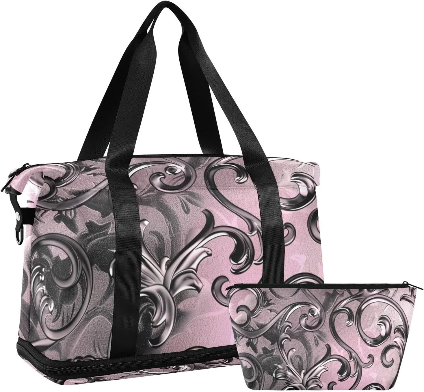 Black Vintage Thorn Flowers Gym Duffel Bag Carry On Personal Item Bag with Toiletry Bag for Trip Multifunctional