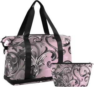 Black Vintage Thorn Flowers Gym Duffel Bag Carry On Personal Item Bag with Toiletry Bag for Trip Multifunctional