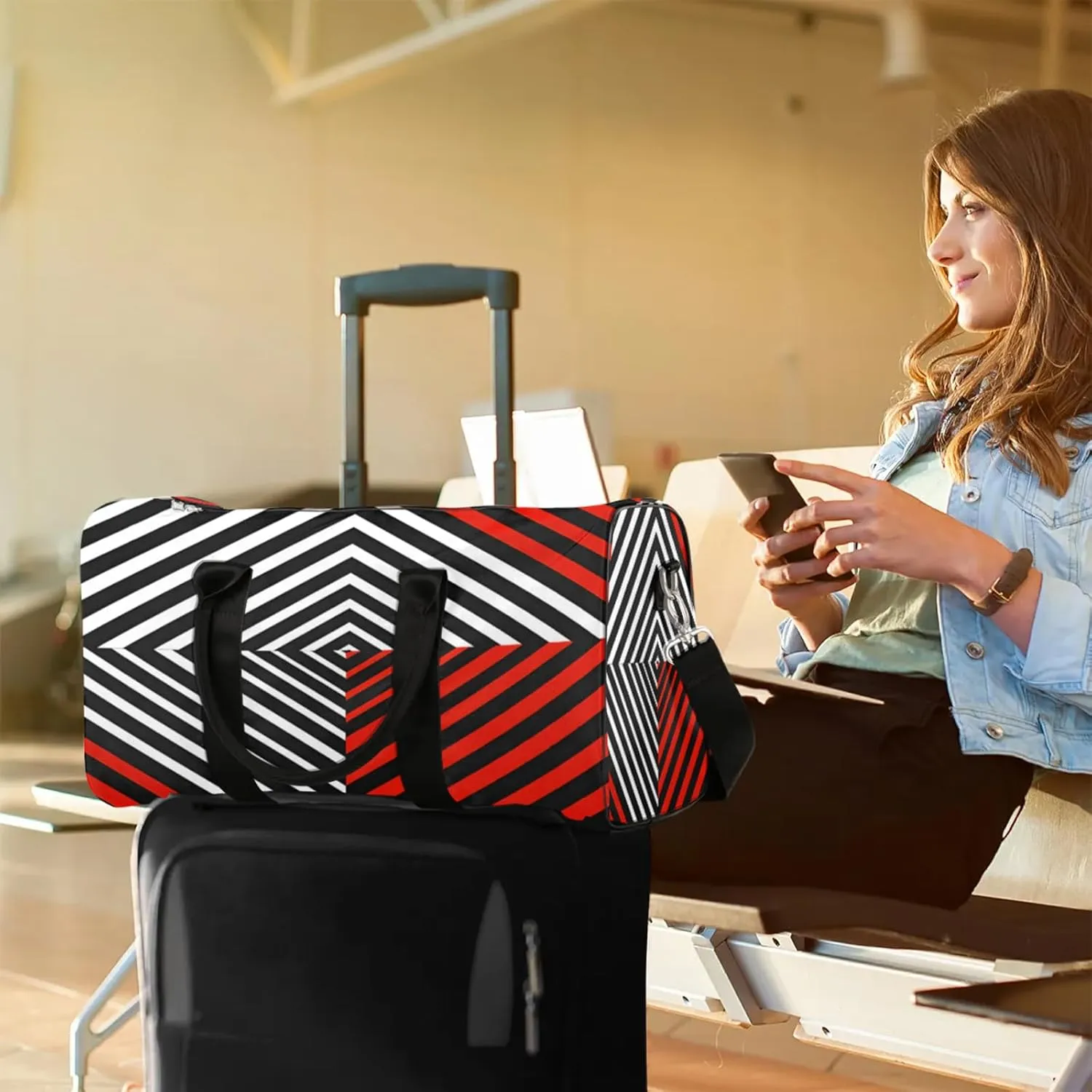 Black White and Red Duffle Bag for Travel, Overnight Weekend Gym Carry On Luggage Bag, Striped Travel Duffel Bag for Men Women