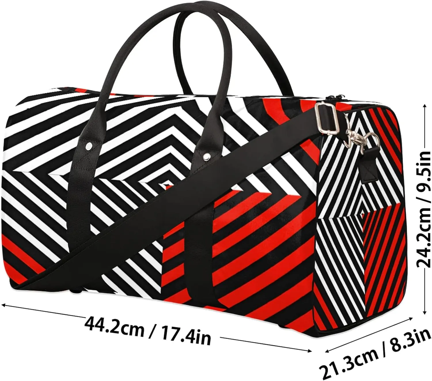 Black White and Red Duffle Bag for Travel, Overnight Weekend Gym Carry On Luggage Bag, Striped Travel Duffel Bag for Men Women