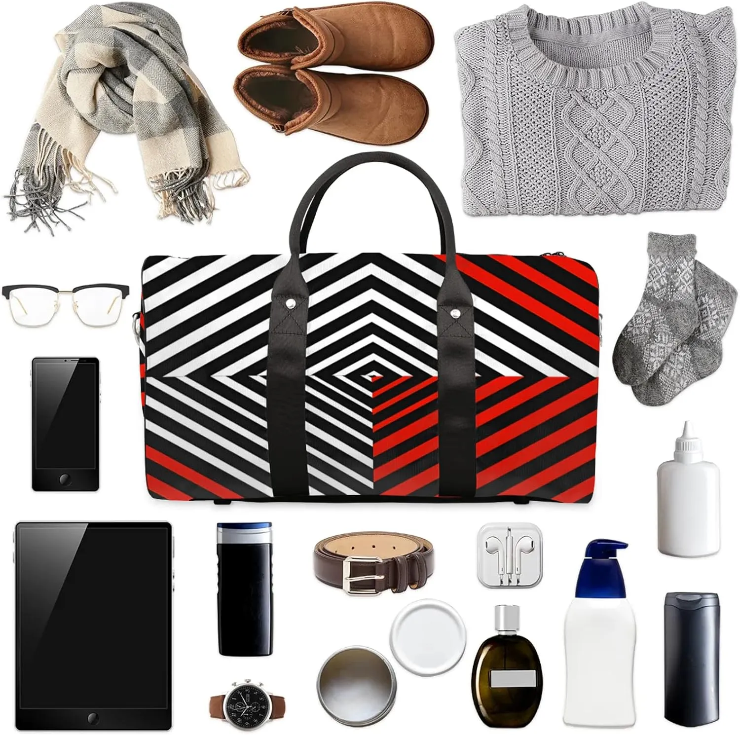 Black White and Red Duffle Bag for Travel, Overnight Weekend Gym Carry On Luggage Bag, Striped Travel Duffel Bag for Men Women