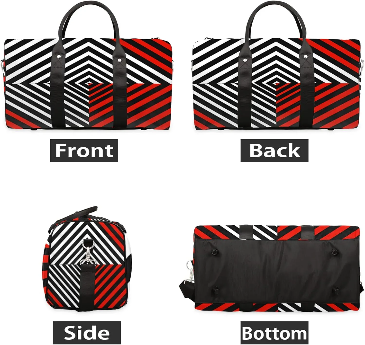Black White and Red Duffle Bag for Travel, Overnight Weekend Gym Carry On Luggage Bag, Striped Travel Duffel Bag for Men Women