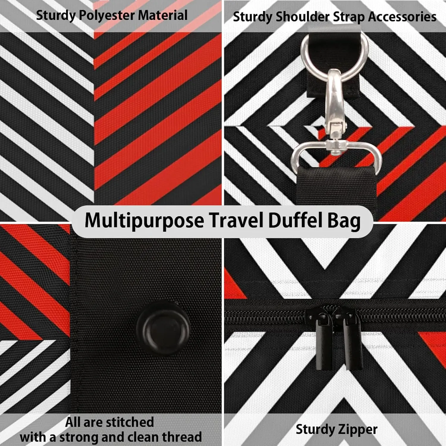 Black White and Red Duffle Bag for Travel, Overnight Weekend Gym Carry On Luggage Bag, Striped Travel Duffel Bag for Men Women