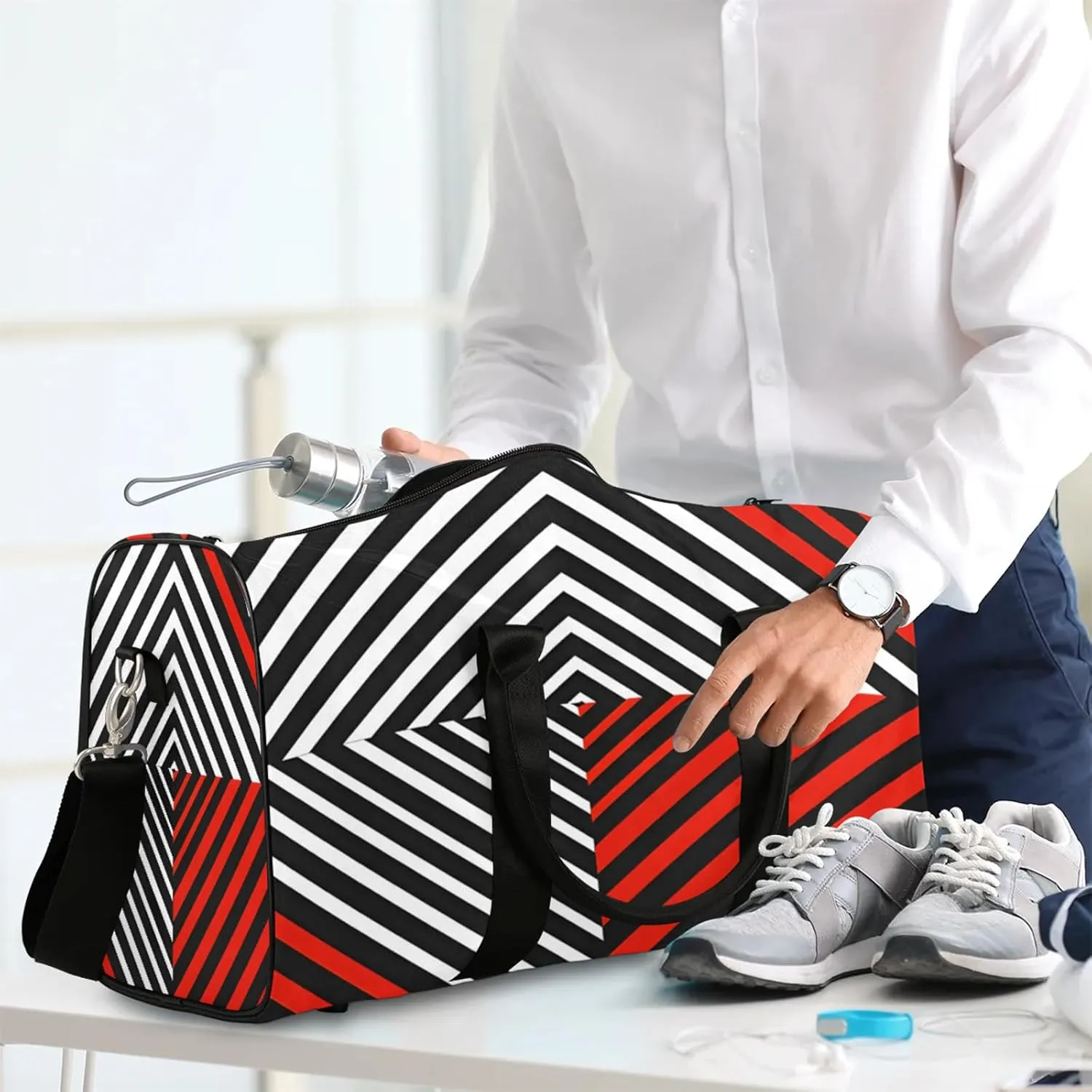 Black White and Red Duffle Bag for Travel, Overnight Weekend Gym Carry On Luggage Bag, Striped Travel Duffel Bag for Men Women