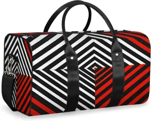 Black White and Red Duffle Bag for Travel, Overnight Weekend Gym Carry On Luggage Bag, Striped Travel Duffel Bag for Men Women