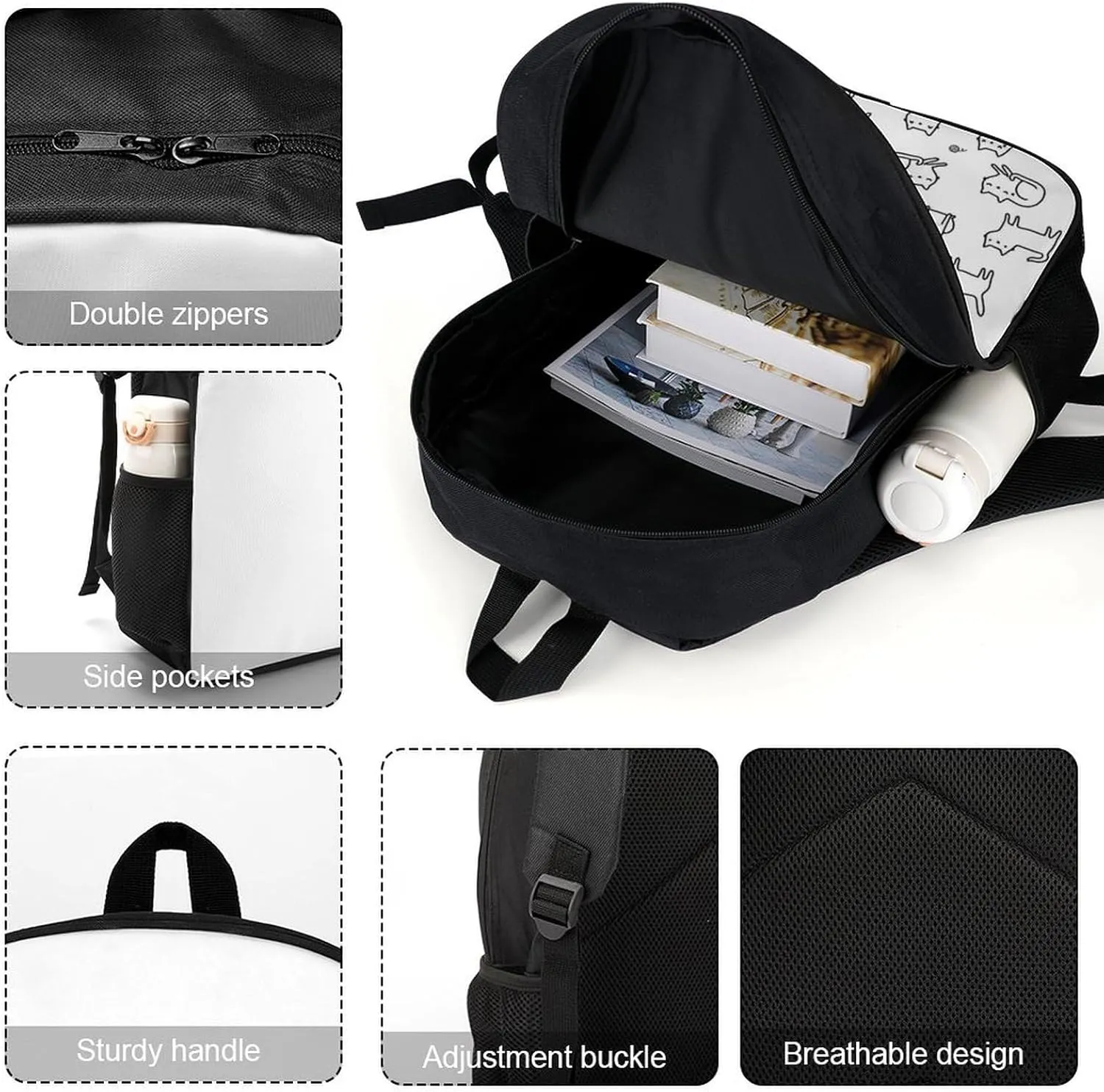 Black White Cat Backpack Lightweight Waterproof Backpacks Laptop Backpack for Unisex Casual Travel Daypacks Large Capacity