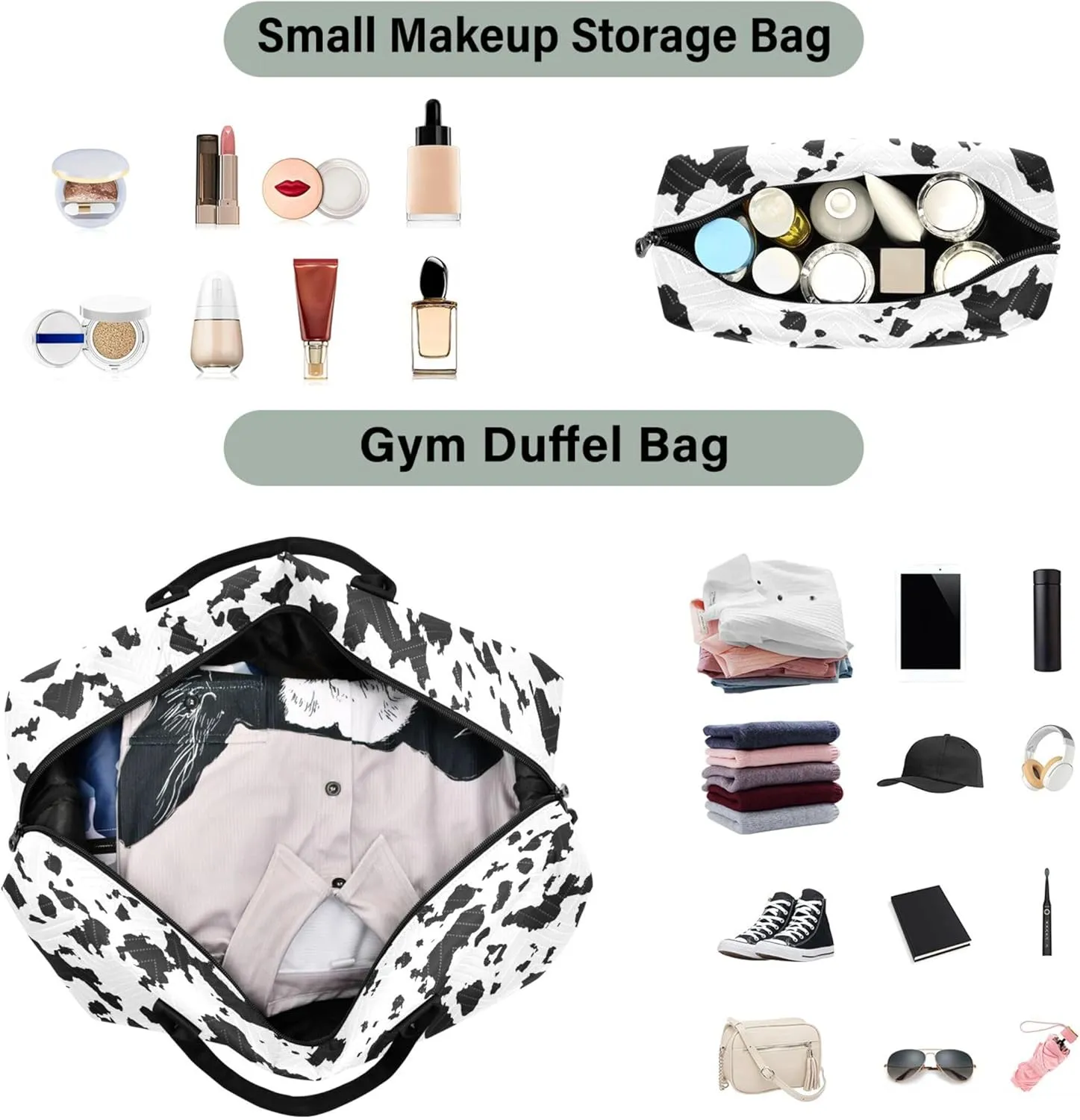 Black White Cowhide Spotted Duffle Bags Travel Toiletry Bags Set, Floral Animal Women Gym Tote Weekender Travel Bag
