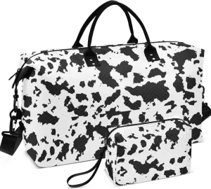 Black White Cowhide Spotted Duffle Bags Travel Toiletry Bags Set, Floral Animal Women Gym Tote Weekender Travel Bag