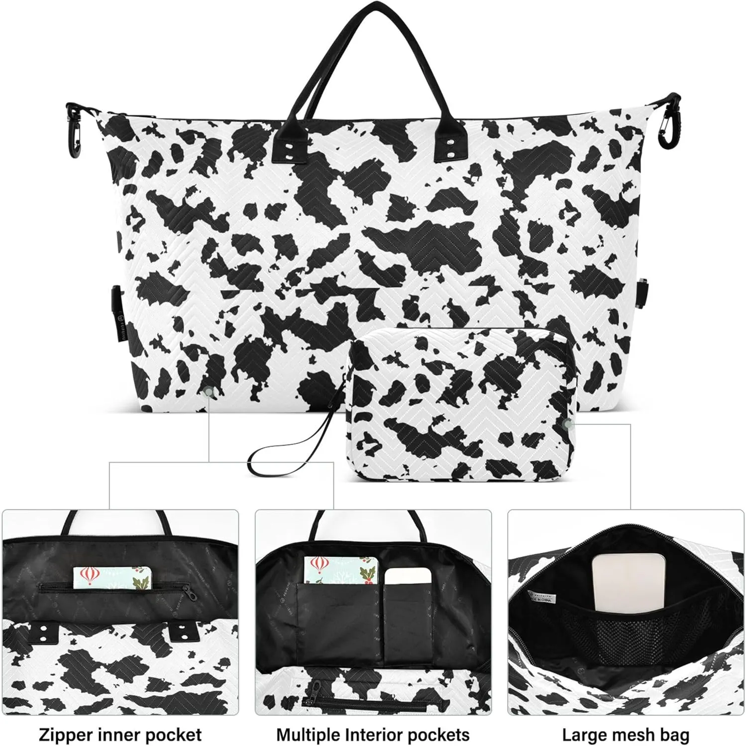Black White Cowhide Spotted Duffle Bags Travel Toiletry Bags Set, Floral Animal Women Gym Tote Weekender Travel Bag
