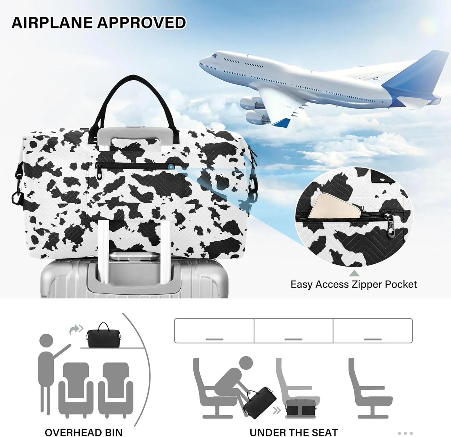Black White Cowhide Spotted Duffle Bags Travel Toiletry Bags Set, Floral Animal Women Gym Tote Weekender Travel Bag