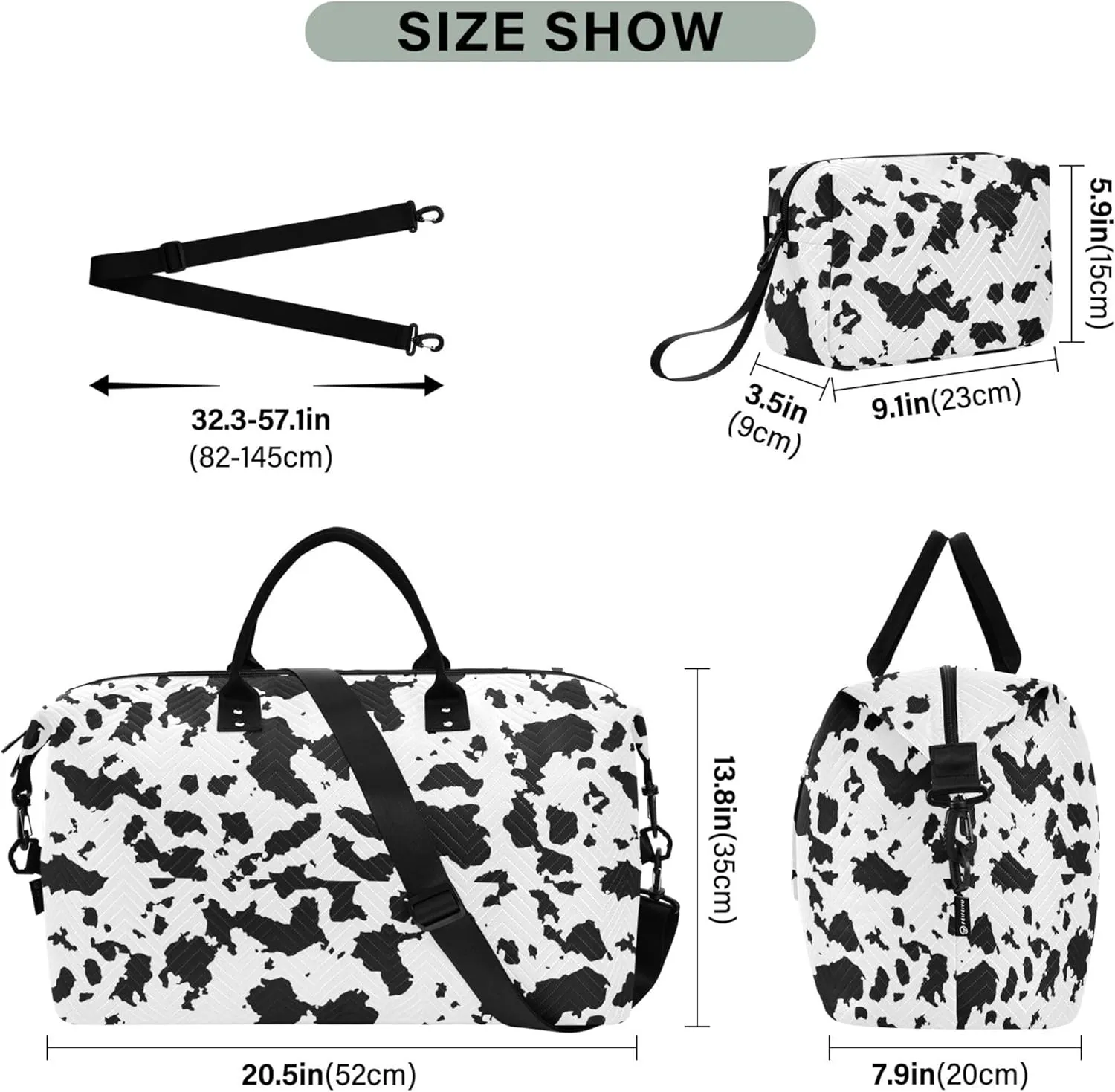 Black White Cowhide Spotted Duffle Bags Travel Toiletry Bags Set, Floral Animal Women Gym Tote Weekender Travel Bag