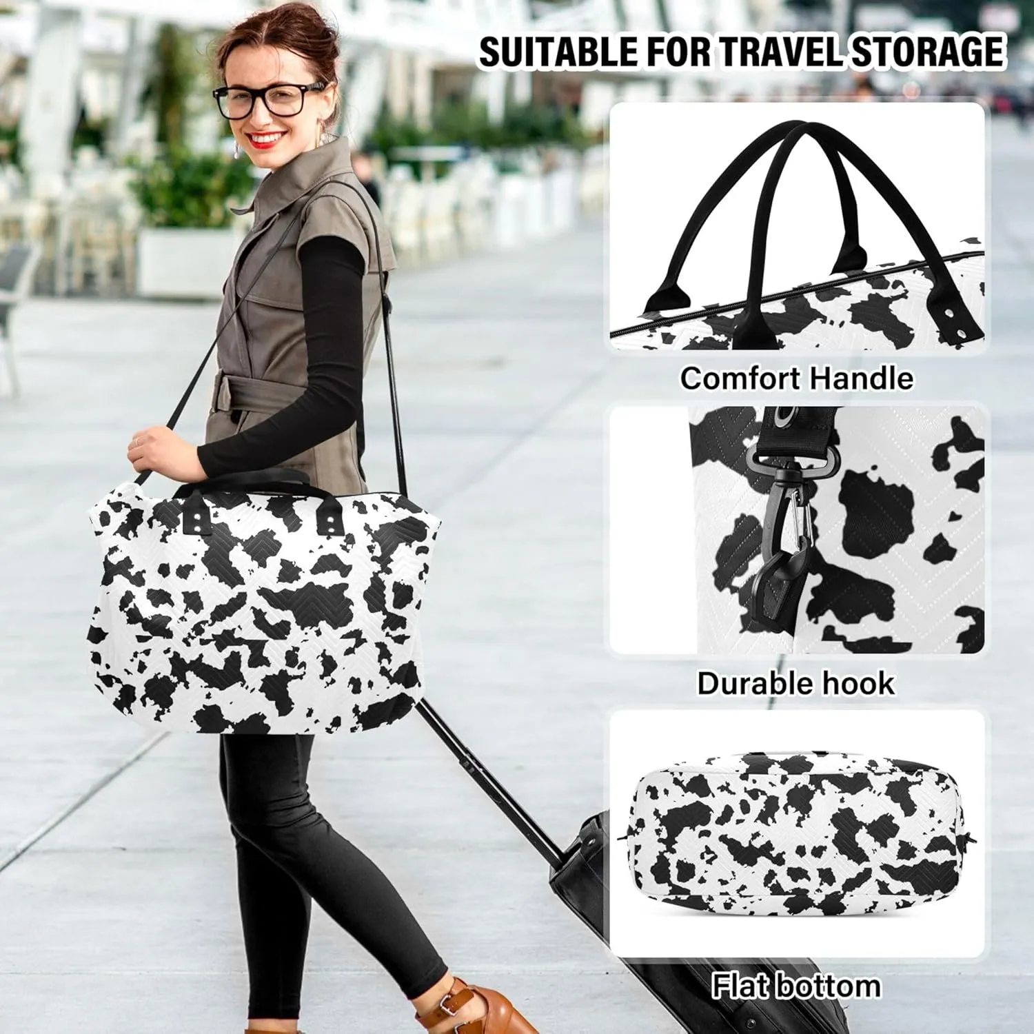 Black White Cowhide Spotted Duffle Bags Travel Toiletry Bags Set, Floral Animal Women Gym Tote Weekender Travel Bag