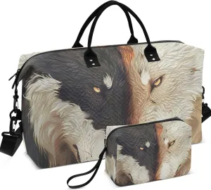 Black White Wolves Couples Duffel Bags for Traveling Cosmetic Bag Set of 2, Print Women Luggage Bag Duffel for Traveling