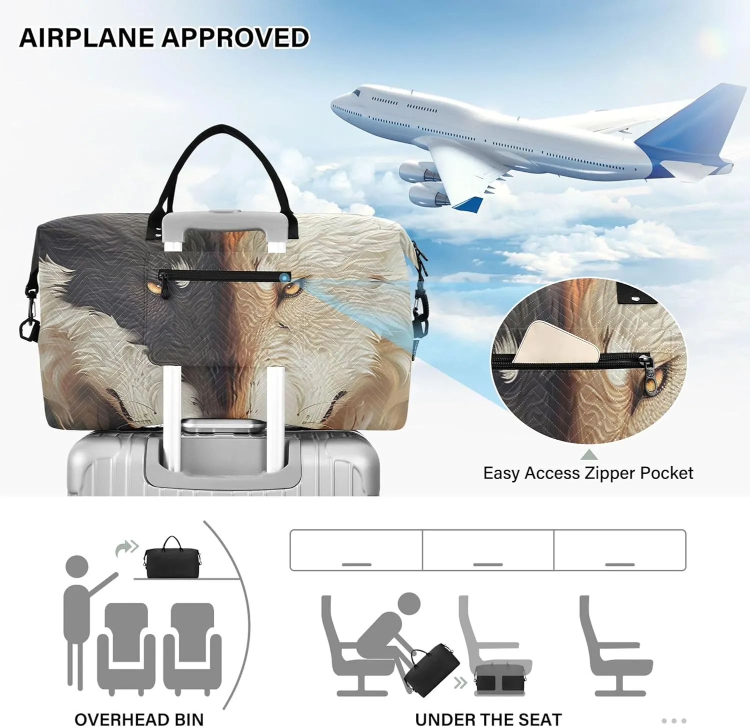 Black White Wolves Couples Duffel Bags for Traveling Cosmetic Bag Set of 2, Print Women Luggage Bag Duffel for Traveling