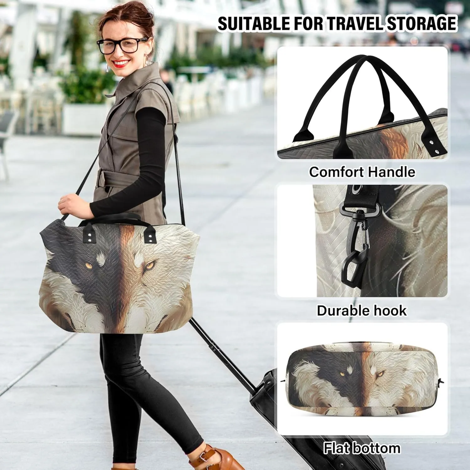 Black White Wolves Couples Duffel Bags for Traveling Cosmetic Bag Set of 2, Print Women Luggage Bag Duffel for Traveling