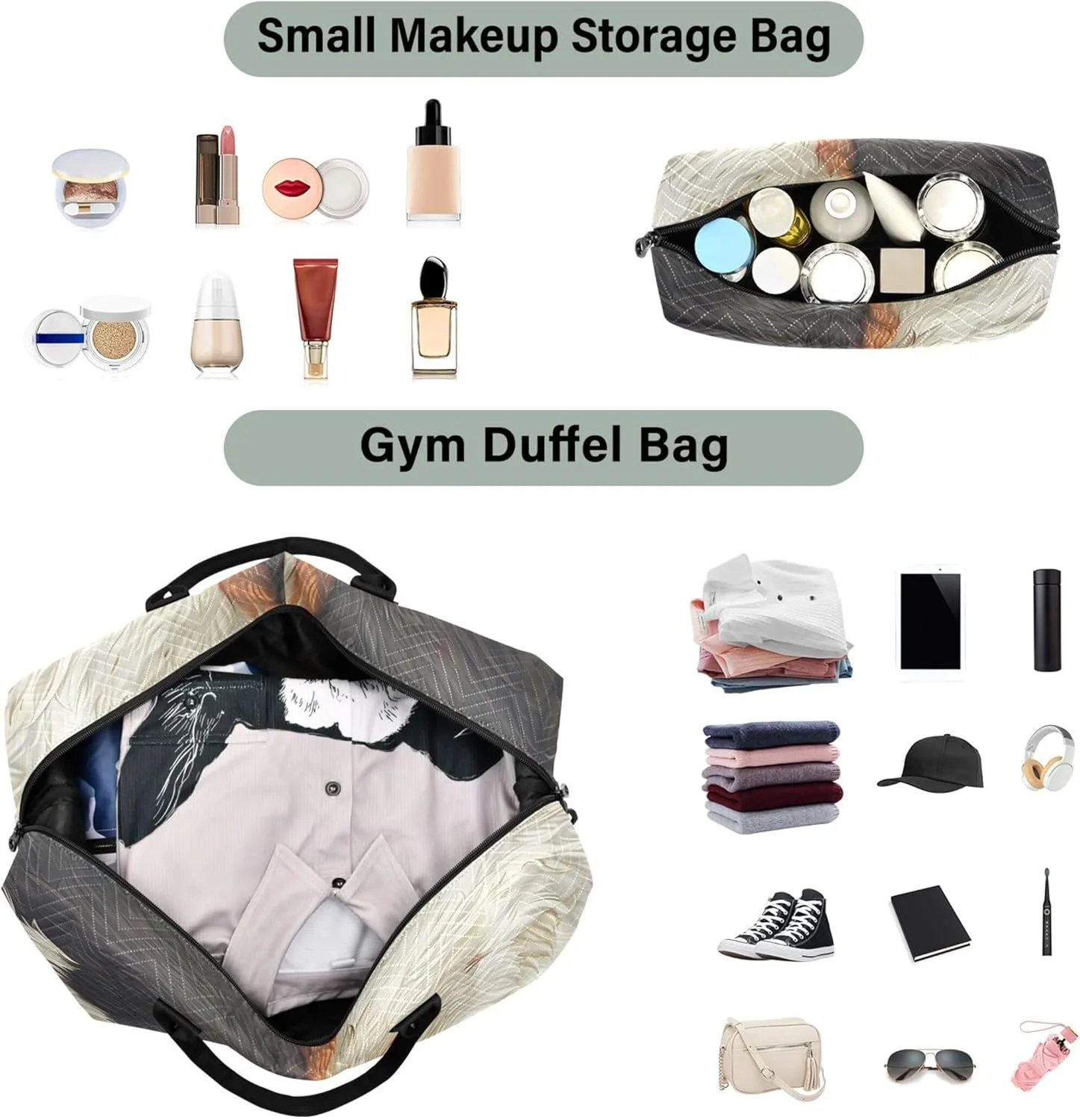 Black White Wolves Couples Duffel Bags for Traveling Cosmetic Bag Set of 2, Print Women Luggage Bag Duffel for Traveling