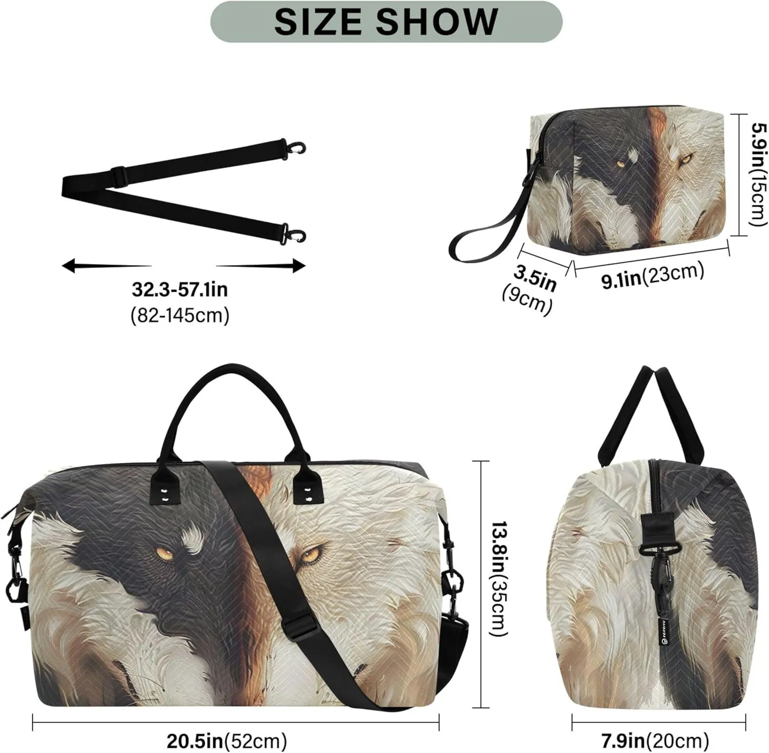 Black White Wolves Couples Duffel Bags for Traveling Cosmetic Bag Set of 2, Print Women Luggage Bag Duffel for Traveling