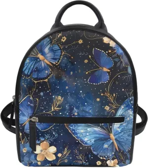 Blue Butterfly Backpack with Zipper and Adjustable Straps Mini Purse Shoulder Bags Casual Handbag Daypack Lightweight Tote Satchel Bags for Travel Beach