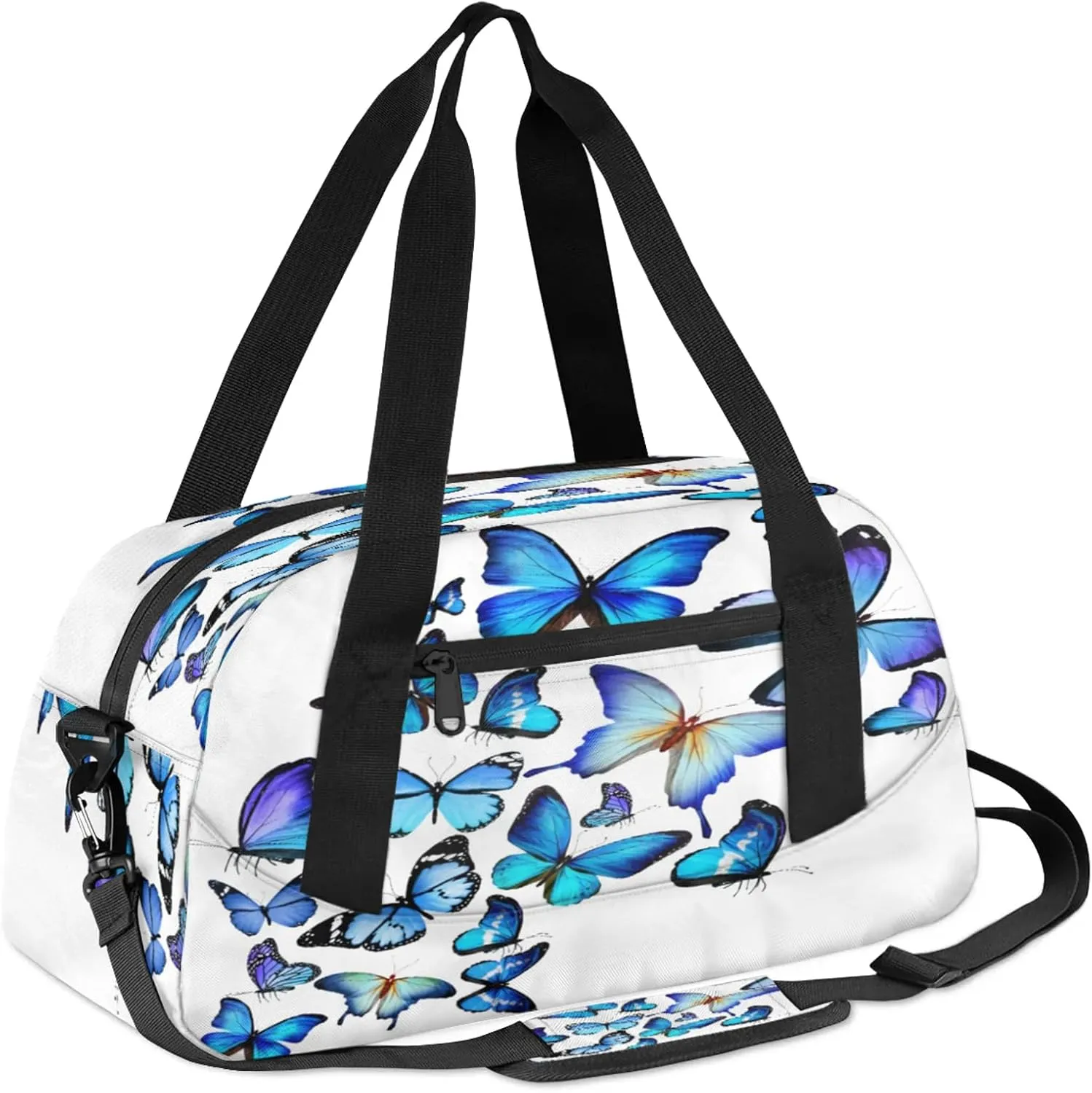 Blue Butterfly Patterns Kids Duffel Bag Lightweight Waterproof Sports Gym Bag with Front Zipper Pocket Foldable Weekender Overnight Bag for School Practice Gymnastic Ballet