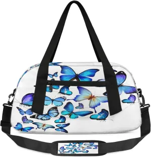 Blue Butterfly Patterns Kids Duffel Bag Lightweight Waterproof Sports Gym Bag with Front Zipper Pocket Foldable Weekender Overnight Bag for School Practice Gymnastic Ballet